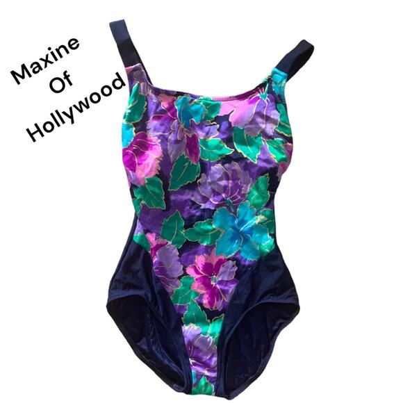 Maxine of hollywood vintage 90s womans one piece swimsuit 10 medium gold outline - Picture 1 of 8